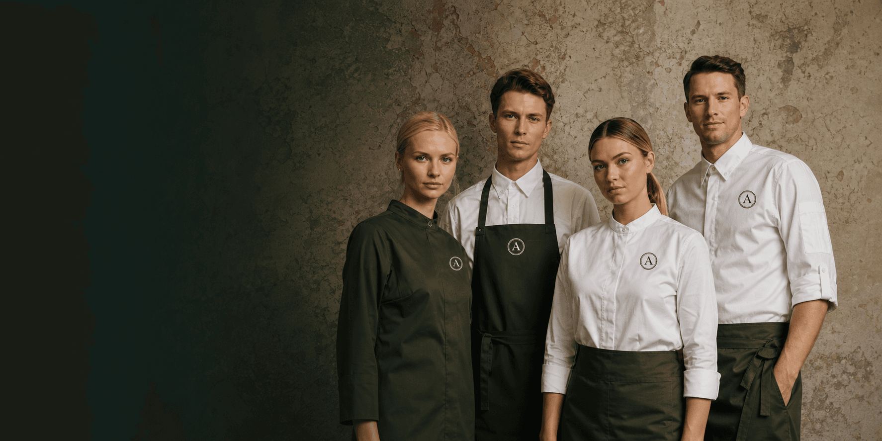 Artisan bakery team in green aprons and white chef jackets